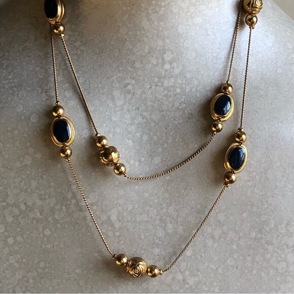 Vintage Korea Stamped Layered Gold-Tone Faux Blue Stone Gold Beads Necklace - Picture 3 of 7
